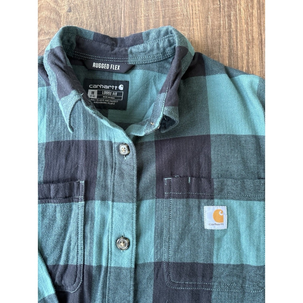 Carhartt Rugged Flex Plaid Green Black Flannel Loose Fit Long Sleeve Shirt M